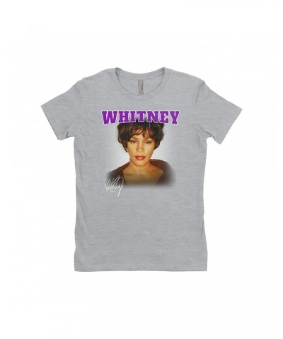 Whitney Houston Ladies' Boyfriend T-Shirt | Whitney Close Up And Varsity Purple Logo Shirt $6.24 Shirts