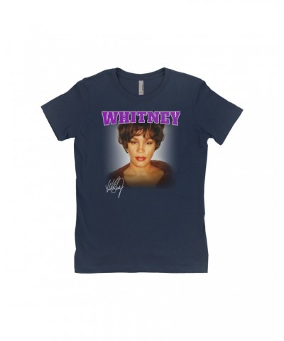 Whitney Houston Ladies' Boyfriend T-Shirt | Whitney Close Up And Varsity Purple Logo Shirt $6.24 Shirts