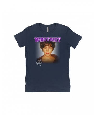 Whitney Houston Ladies' Boyfriend T-Shirt | Whitney Close Up And Varsity Purple Logo Shirt $6.24 Shirts